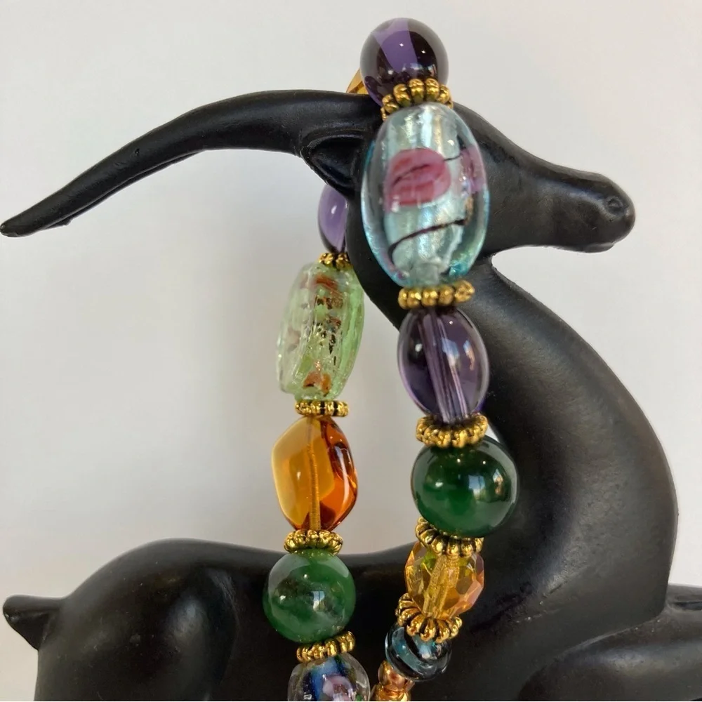 HAND CRAFTED Lamp-worked Glass Czech Crystal Beaded BRACELET Gold 7” NWT